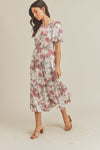 Cream Floral Balloon Sleeve Midi