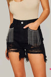 Black Sequin Fringe Denim Shorts