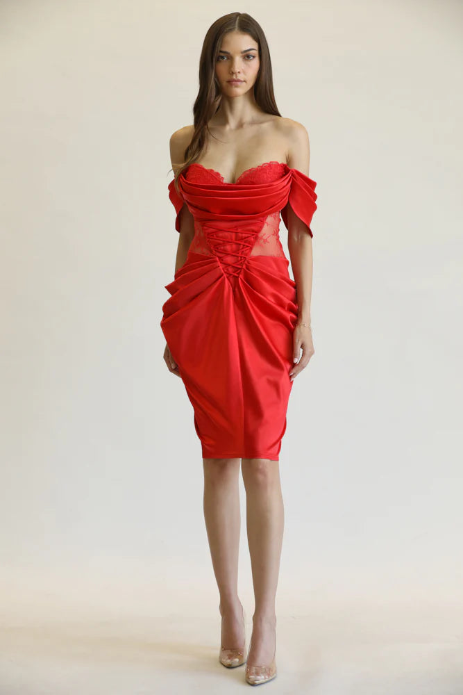 Red Satin Stretch Midi Dress