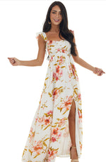 Ivory Red Floral Smocked Maxi Dress