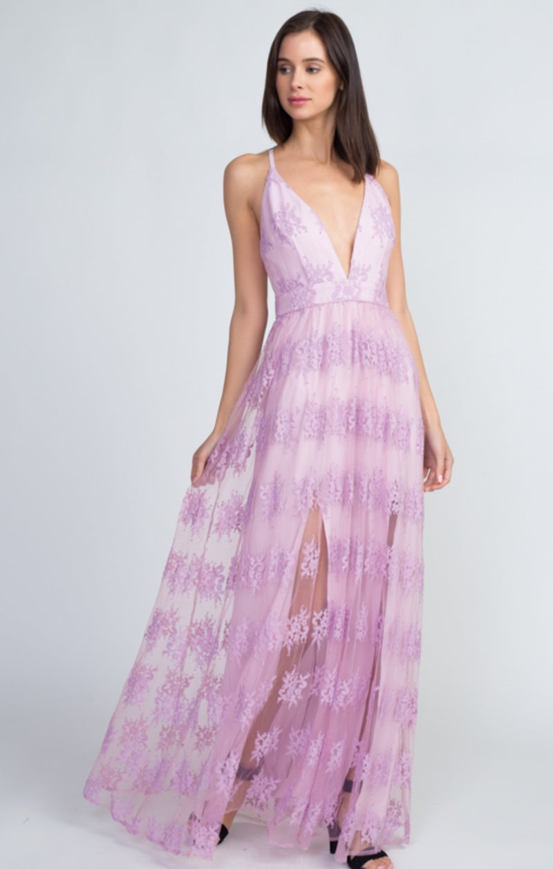 Deep V Lilac Lace Maxi Dress