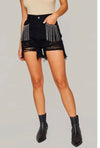 Black Sequin Fringe Denim Shorts