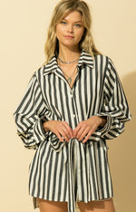 Stripe Button Down Shirt Dress with Waist Tie