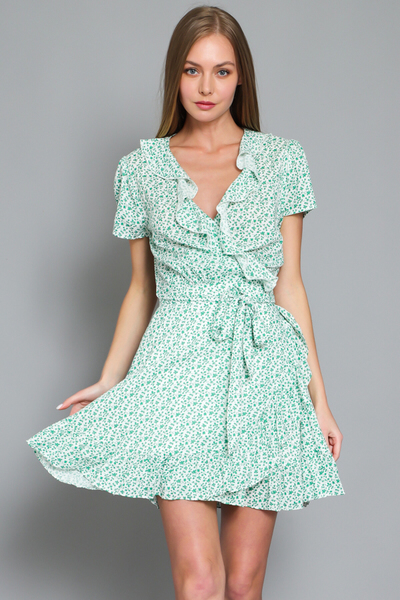 Green and White Floral Wrap Dress