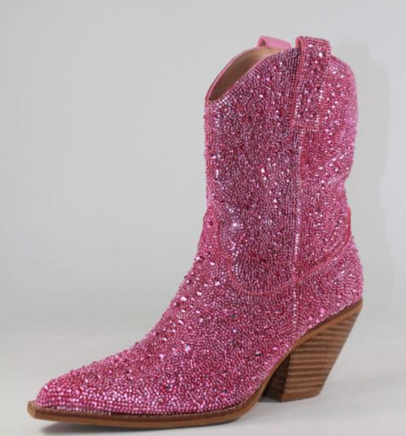 Pink Rhinestone Western Block Heel Boot