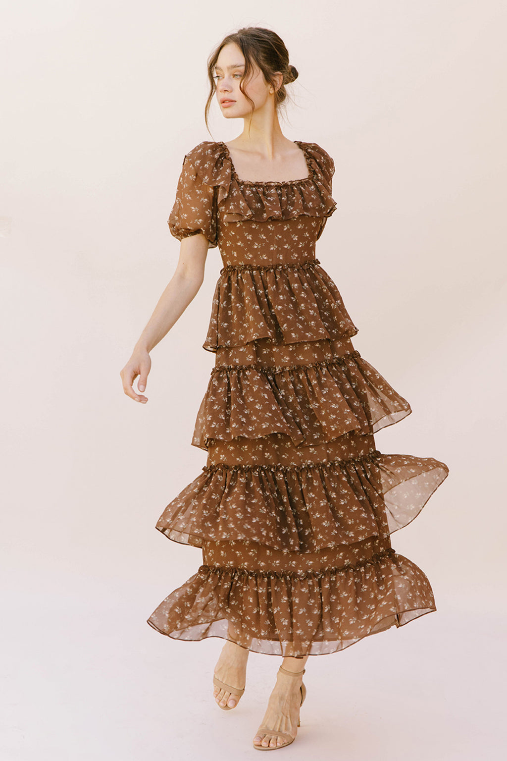 Brown Ruffle Midi Dress