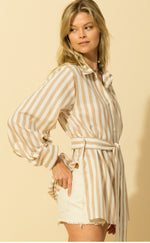 Stripe Button Down Shirt Dress with Waist Tie