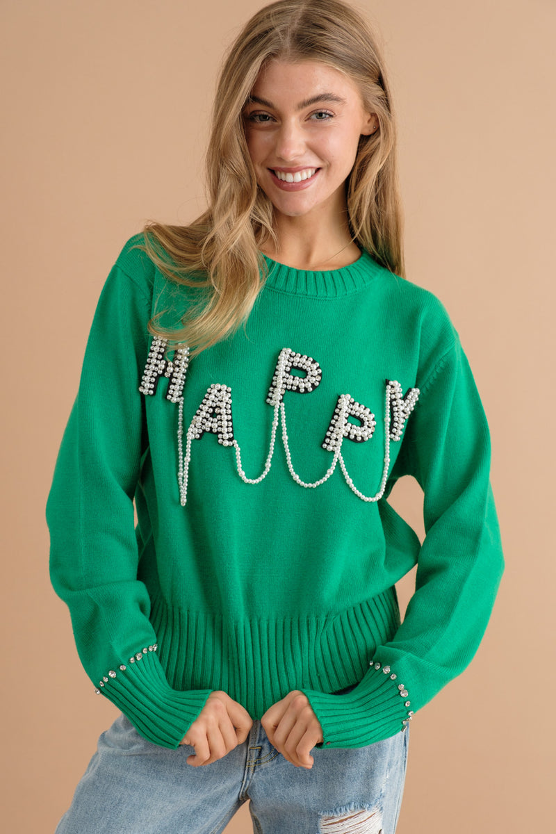 Envy Green Pearl Embellished Happy Sweater