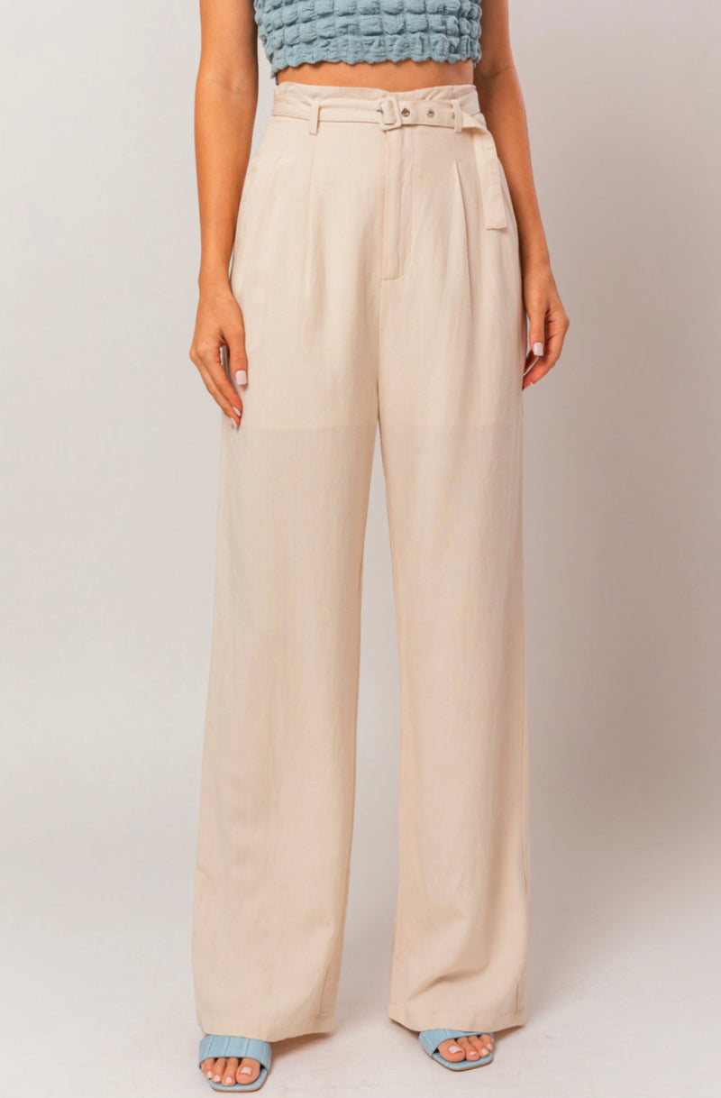 Cream High Waisted Belted Pant