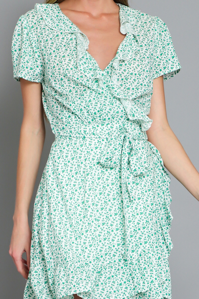 Green and White Floral Wrap Dress