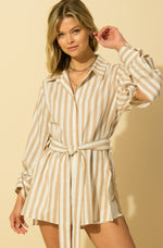Stripe Button Down Shirt Dress with Waist Tie