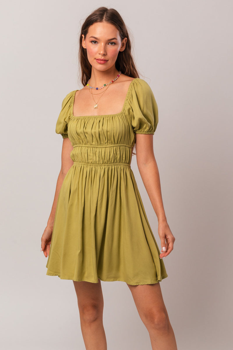 Gold Green Puff Sleeve Shortie Dress