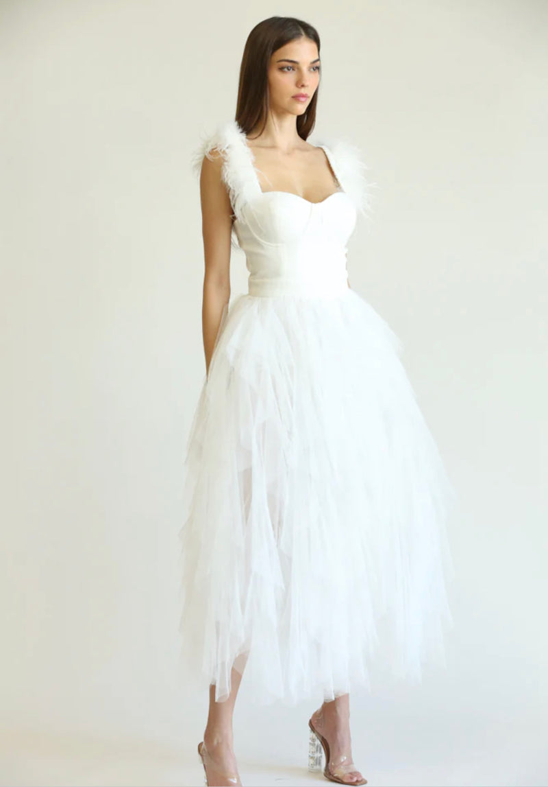 Feather and Tulle White Dress