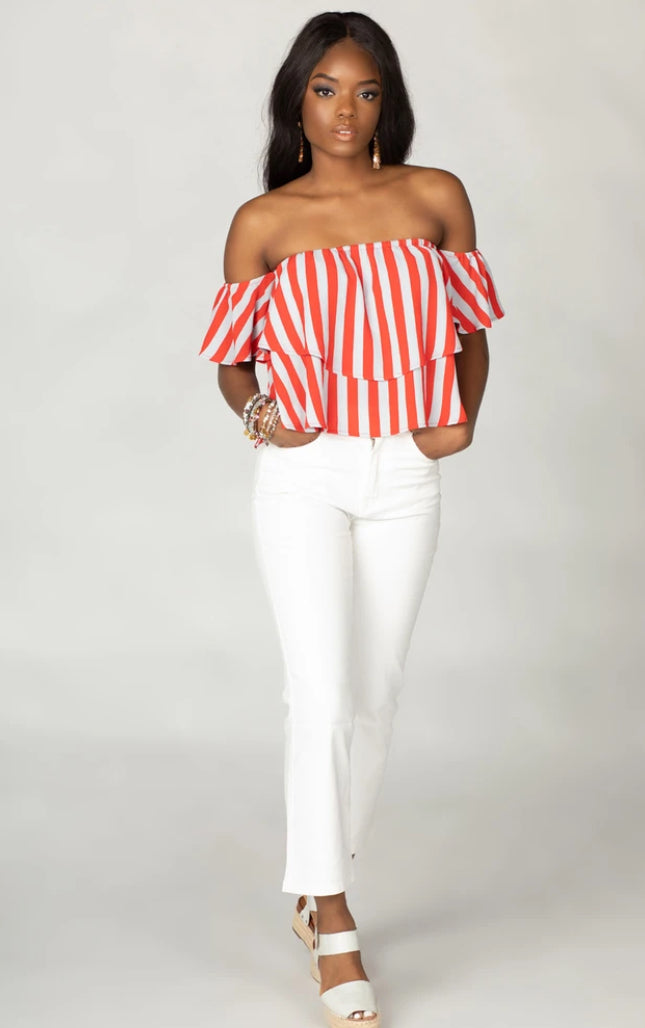 Red and White Stripe Off Shoulder Top