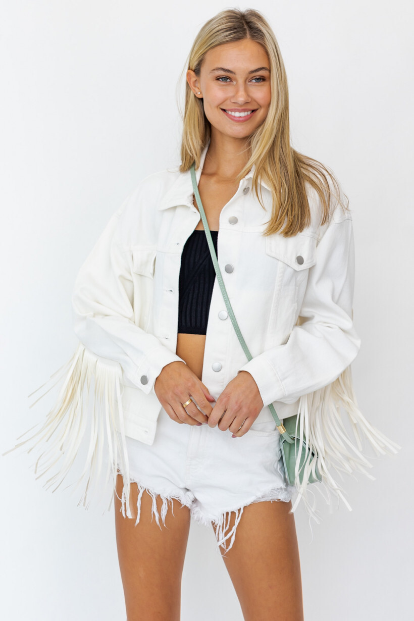 Faux Leather Fringe White Denim Jacket