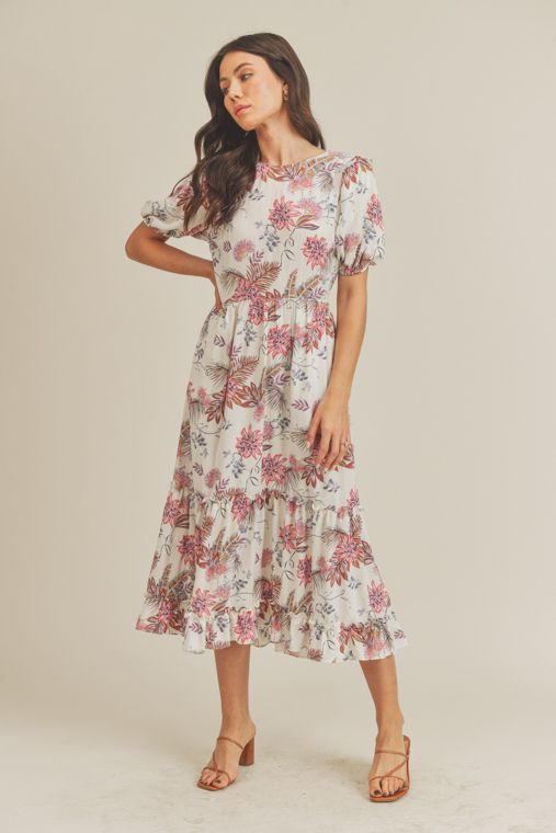 Cream Floral Balloon Sleeve Midi