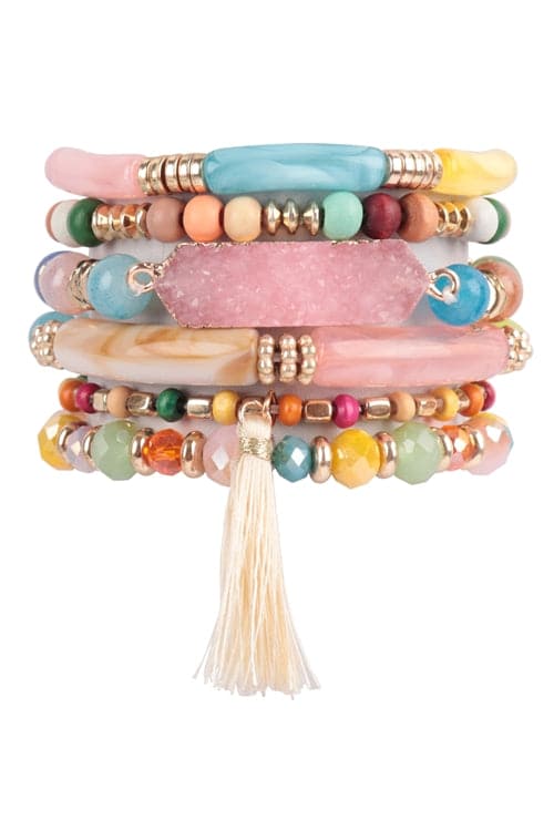 Charm Mix Beads Tubular Druzy With Tassel Versatile Bracelet Light Multicolor - Pack of 6