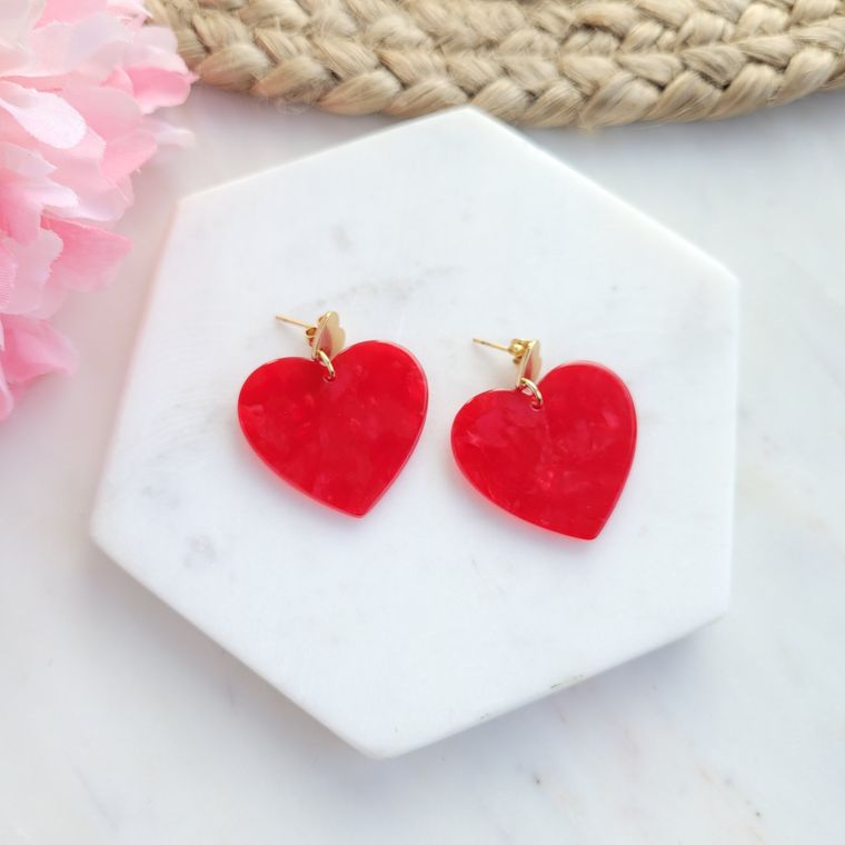 Lovely Heart  Earrings- Red / Acrylic + 18k Gold Plated