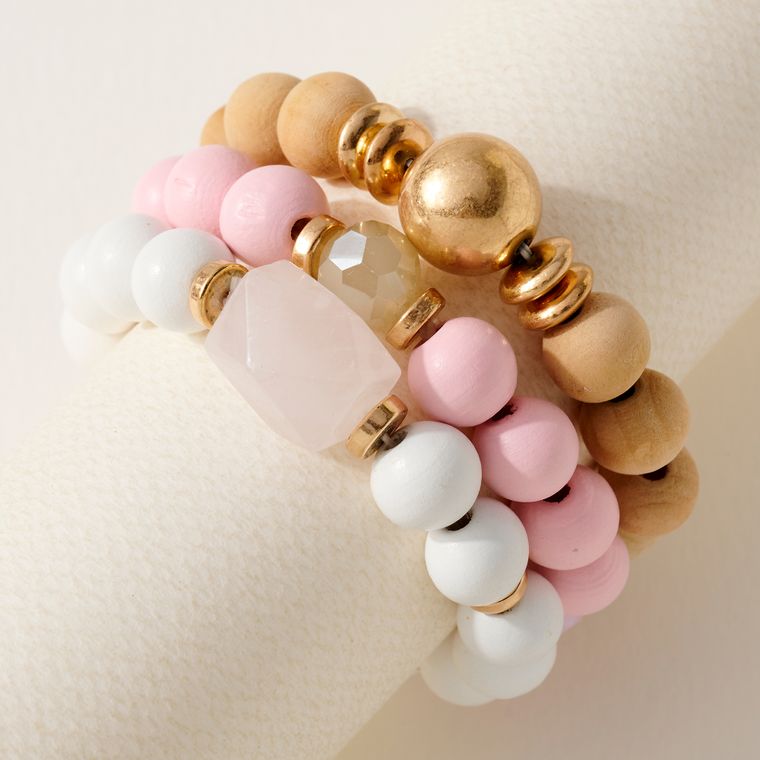 Wood Glass Stone Bracelet Set-THREE TO SET