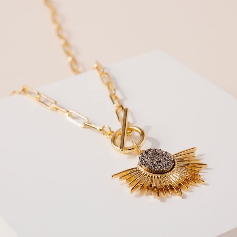 Sun Burst Druzy Pendant Chain Necklace