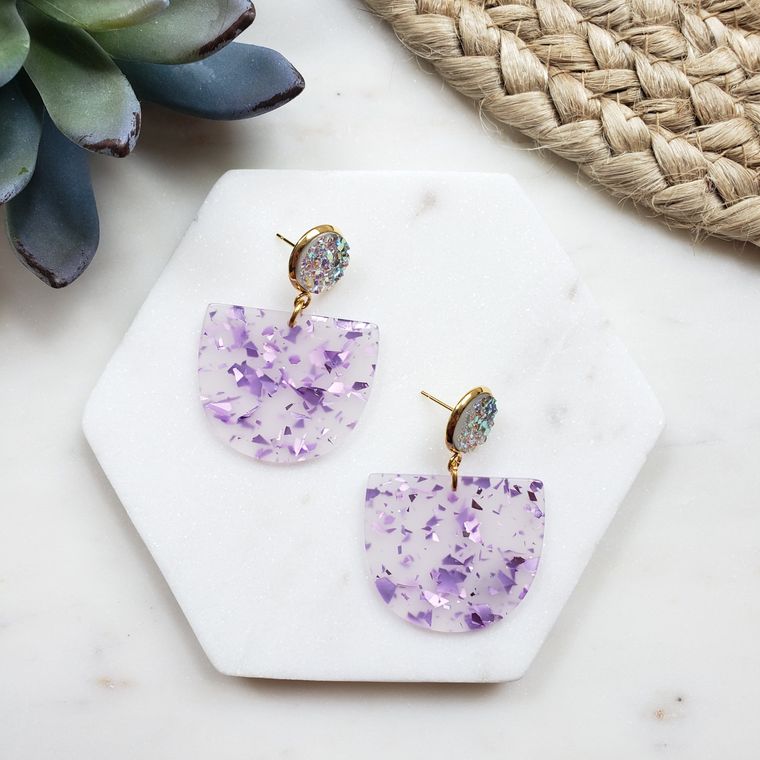 Lola - Purple Flake / Druzy + Acrylic Earrings