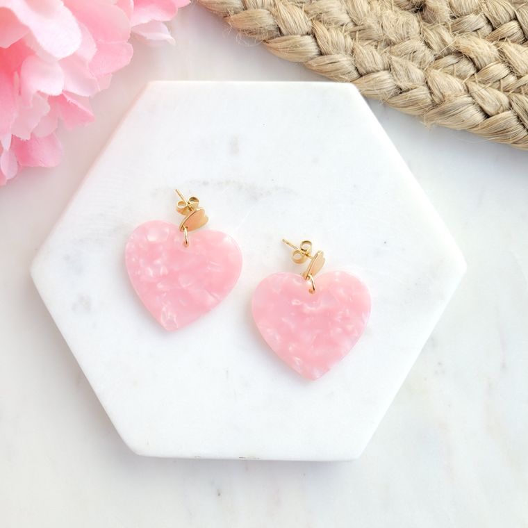Lovely Heart Earrings- Pink / Acrylic + 18k Gold Plated