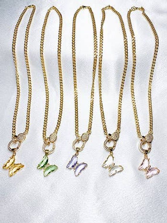 Cuban Chain Crystal Butterfly Necklaces