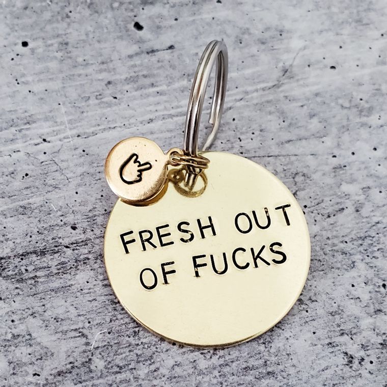 FRESH OUT OF FUCKS Brass Key Chain with emoji accent