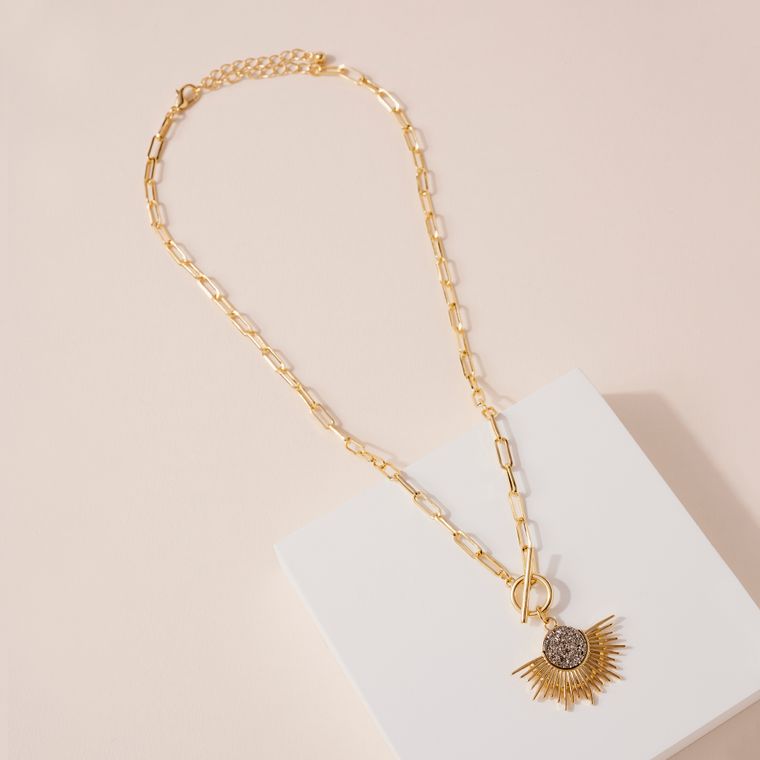 Sun Burst Druzy Pendant Chain Necklace