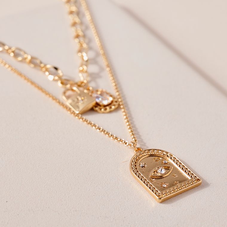 Layered Lock Eye Chain Necklace