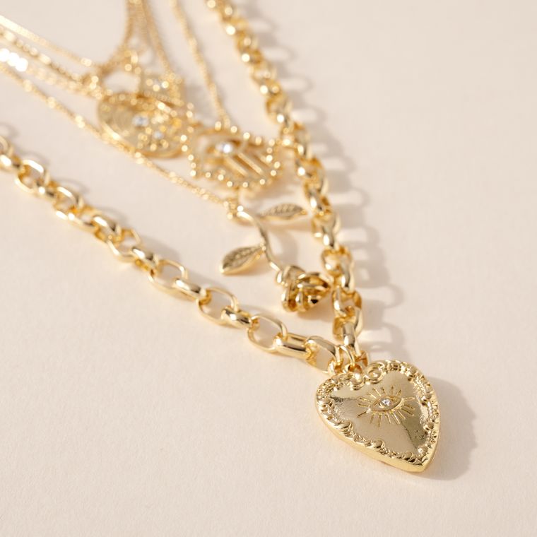 Layered Heart Rose Charm Necklace