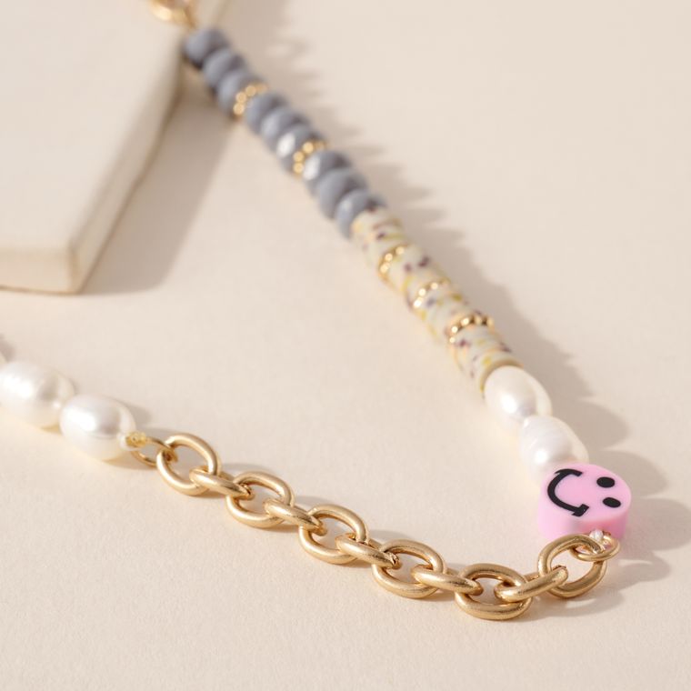 Smiley Face Pearl Chain Necklace