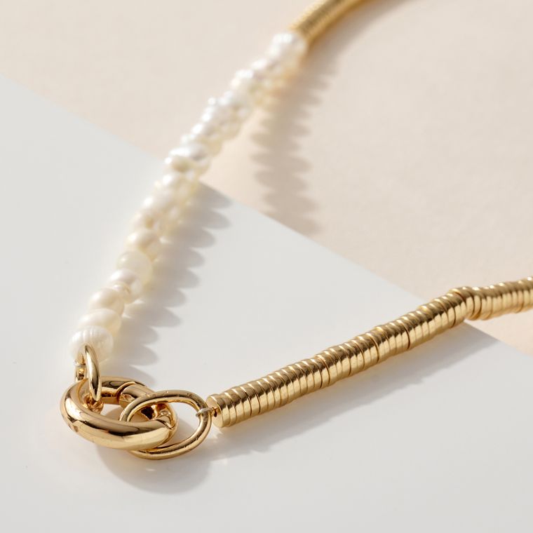 Pearls Metal Disc Link Necklace
