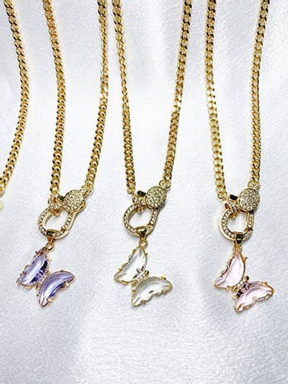 Cuban Chain Crystal Butterfly Necklaces