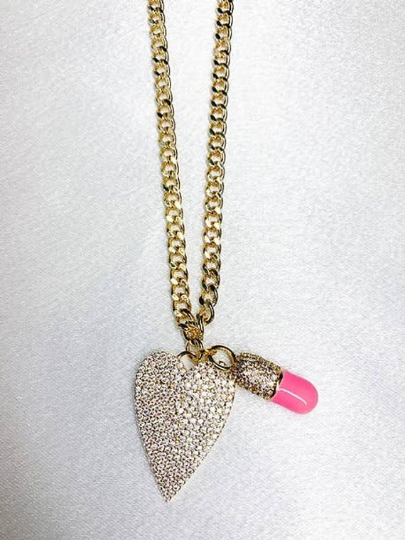 Gold Cuban + Diamond Heart Pill