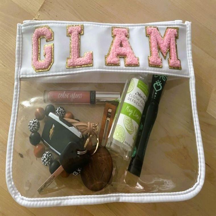 Clear Nylon Zipper Pouch with Chenille Letter Patches WHITE GLAM