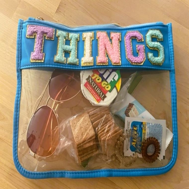 Clear Nylon Zipper Pouch with Chenille Letter Patches-BLUE THINGS