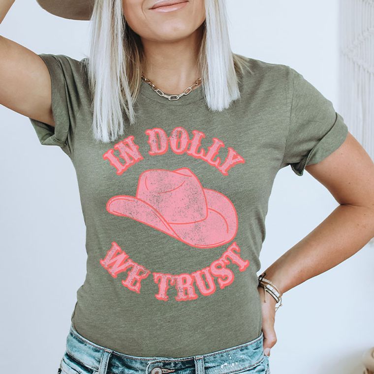 Retro In Dolly We Trust Hat Graphic Tee OLIVE