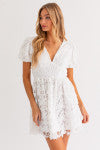 White V-Neck Puff Sleeve Lace Dress