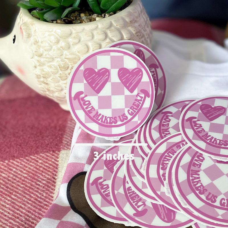 Love Makes Us Great Round Pink Checkered Face Sticker Decal
